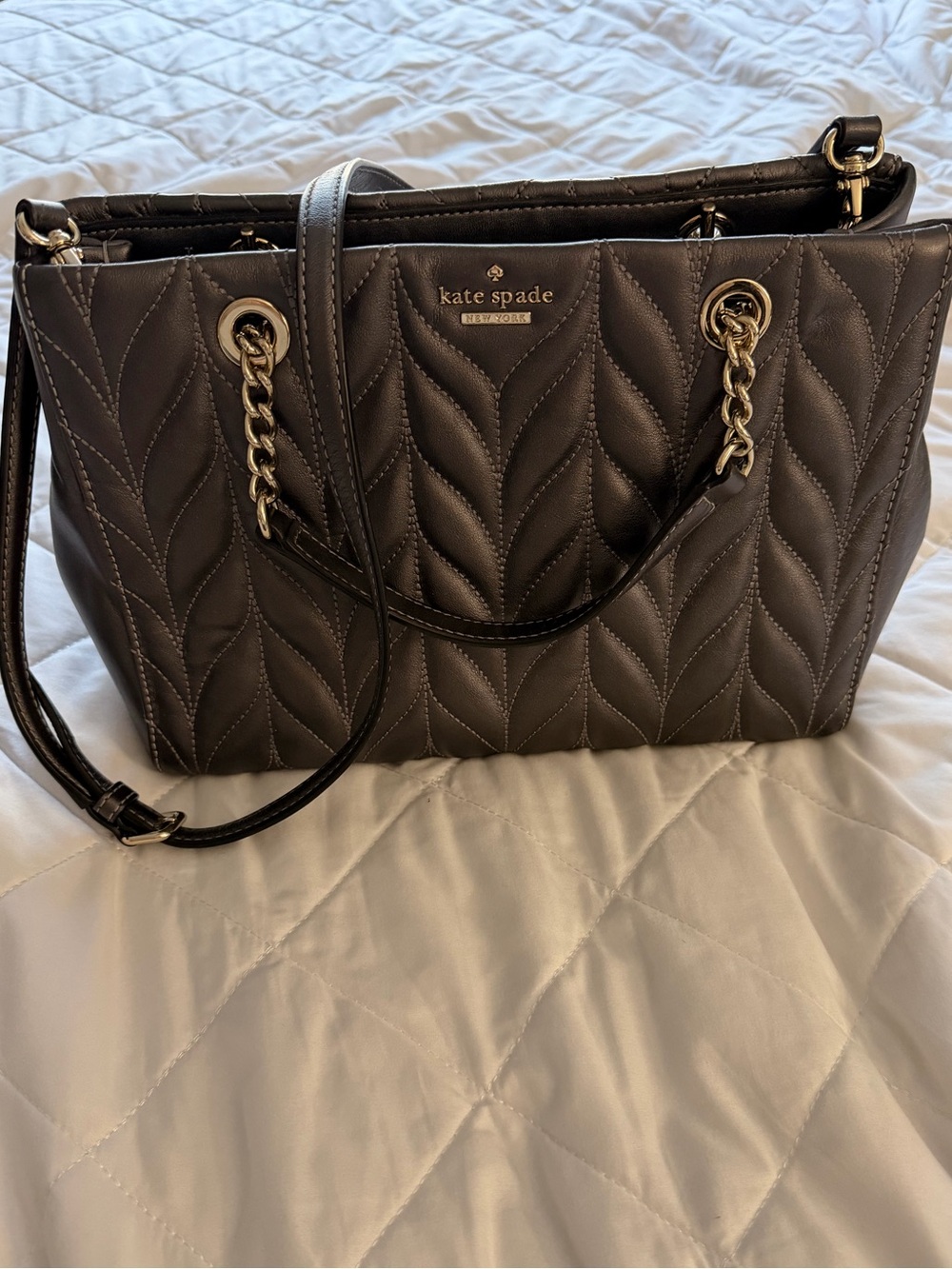 kate spade Quilted Shoulder Bag in a metallic gray with Gold Hardware